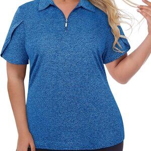 Navy Plus Size Women's Golf Polo Shirt Short Sleeve Zip Up UPF 50+ Tulip Sleeve